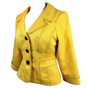 Kay Unger Cotton Blazer Yellow Tweed Peplum  Fitted 3/4 Sleeve Crop Length Sz 8